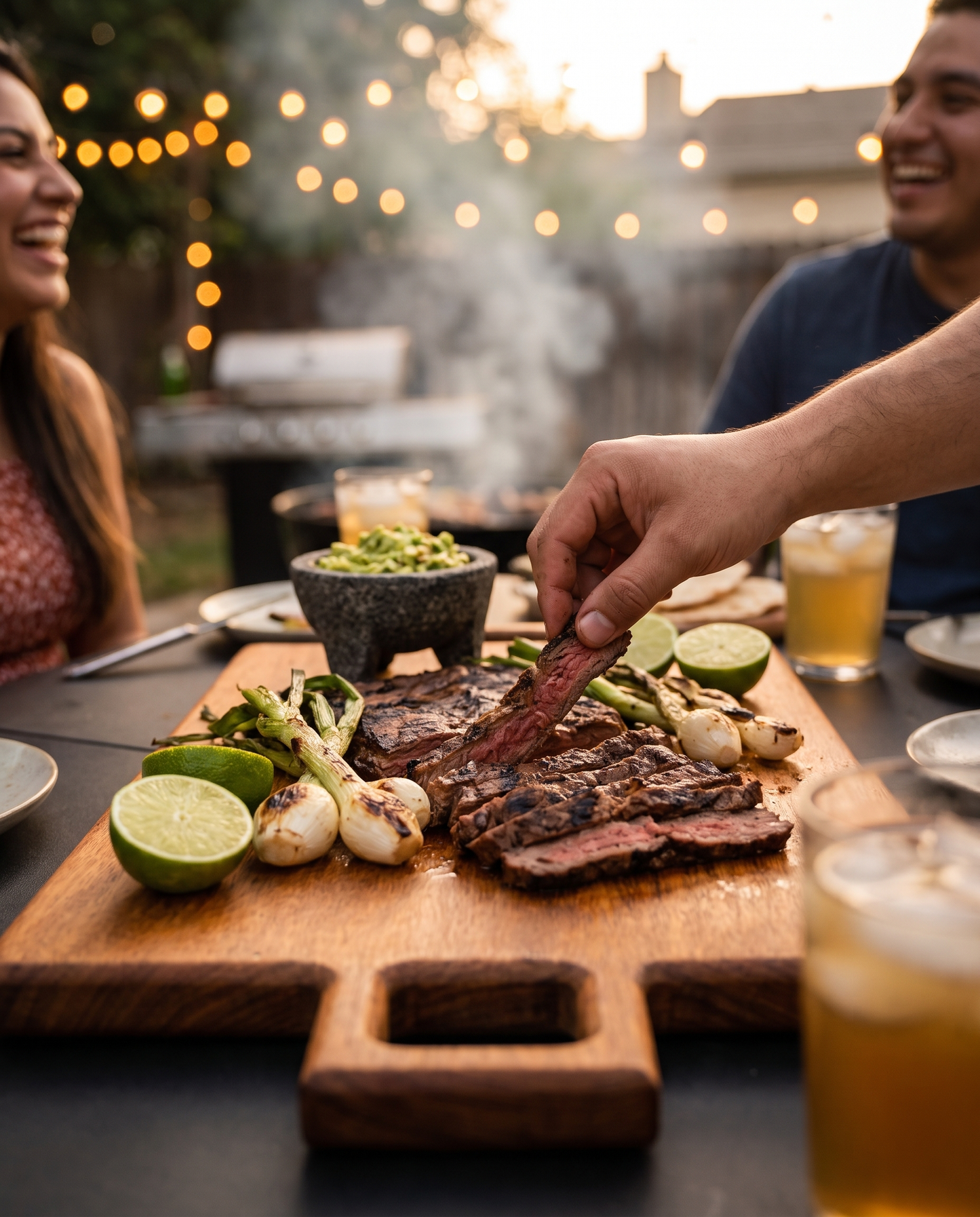 Tabla XL de parota con arrachera y cebollitas en carne asada