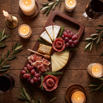 Tabla de charcutería de parota con quesos y carnes frías a la luz de velas